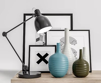 Modern Decorative Ornament Set with Black Table Lamp Ribbed Vases and Picture Frames 3d model