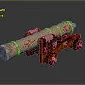 Detailed Vintage Brass Cannon Model With Red Wooden Carriage And Wheels