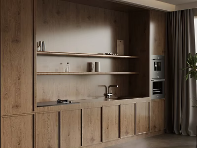 Wooden Sideboard With Shelves Cabinets And Decorative Items In Modern Interior 3d model