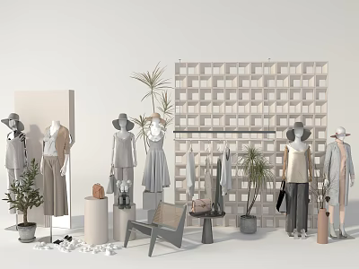 Mannequins Dressed In Stylish Outfits With Hats Bags And Plants In Retail Display Setup 3d model