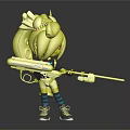 3D Modeled Cartoon Character With Blue Hair And Creature Headpiece Holding Green White Weapon