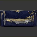Old Blue Sofa With Torn Fabric Exposing Yellow Stuffing And Worn Edges