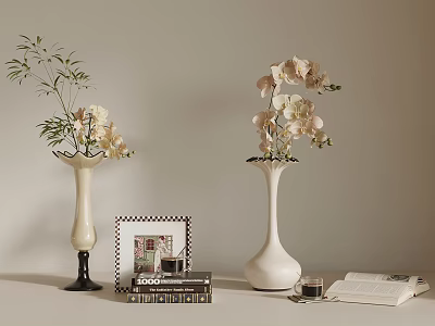 Elegant Tabletop Decor Setup With Vases Flowers Framed Pictures Books And Cup 3d model