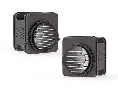 Two Black Square Industrial Ventilation Fans with Circular Grilles and Sturdy Housings 3d model