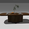 Modern Wooden Oval Dining Table With Tableware Fruit Plate Green Plant Vase And Wine Glasses