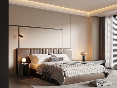 Modern Elegant Bedroom Interior With Upholstered Headboard Nightstand Lamps And Window Blinds 3d model