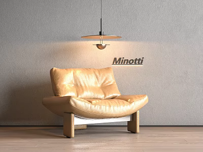 Minotti Golden Leather Leisure Chair Against Gray Wall With Pendant Light And Wooden Floor 3d model