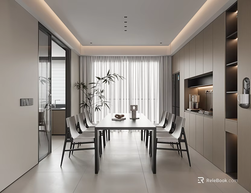 Modern Restaurant Space With Open Kitchen Dining Table And Contemporary Design 3d model 