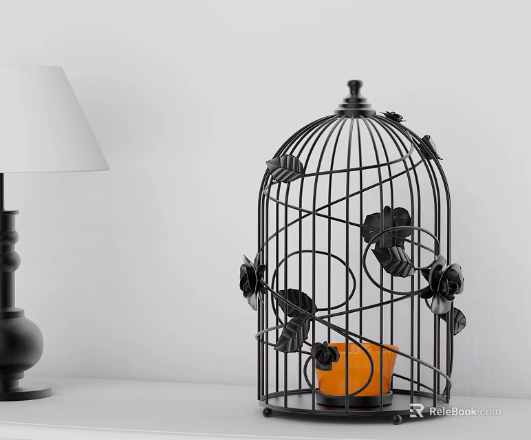 Black Metal Birdcage Ornament Set With Floral Decor Orange Candle And Table Lamp 3d model 