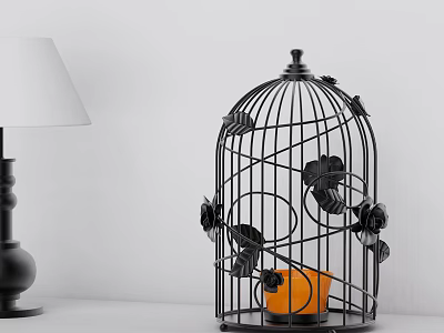 Black Metal Birdcage Ornament Set With Floral Decor Orange Candle And Table Lamp 3d model