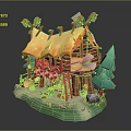 Whimsical Wooden Cottage With Straw Roof Red Walls Garland Decorations Green Trees Stones And Grass