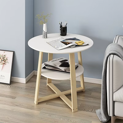 Round White Top Side Table with Wooden Cross Legs Magazines Vase and Pen Holder 3d model