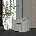 Elegant Modern Curved Beige Upholstered Single Sofa By Window With Green Plant And Sunlight Shadows