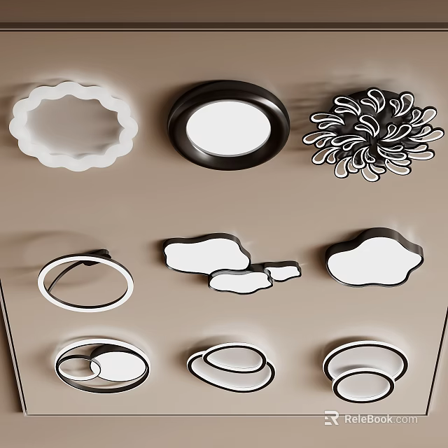 Modern Ceiling Lights with Circular Petal and Cloud Shapes in Black and White 3d model