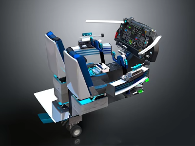 Modern Flight Simulator Cockpit with Blue Seats Control Panel Display Screen and Steering Wheel 3d model
