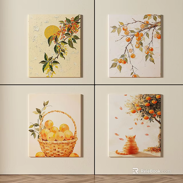 Four Oil Paintings Featuring Oranges Basket Cat and Moonlit Tree Branches 3d model 