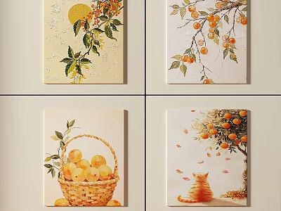 Four Oil Paintings Featuring Oranges Basket Cat and Moonlit Tree Branches 3d model