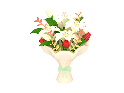 White Vase With White Lilies Red Tulips And Green Leaves Tied With Light Green Ribbon 3d model