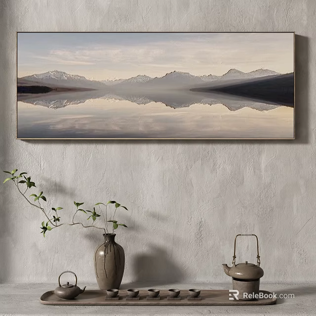 Scenic Landscape Painting Of Mountains And Lake Reflection On Indoor Wall 3d model 