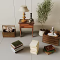 Home Decor Display With Wooden Side Table Lamp Stacked Books Crate Statue And Potted Plant
