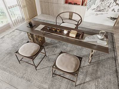 Elegant Chinese Wooden Tea Table And Chairs With Tea Set On Rug In Interior 3d model