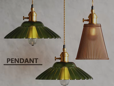 Stylish Green And Bronze Pendant Lights Featuring Fluted Shades And Brass Bases 3d model