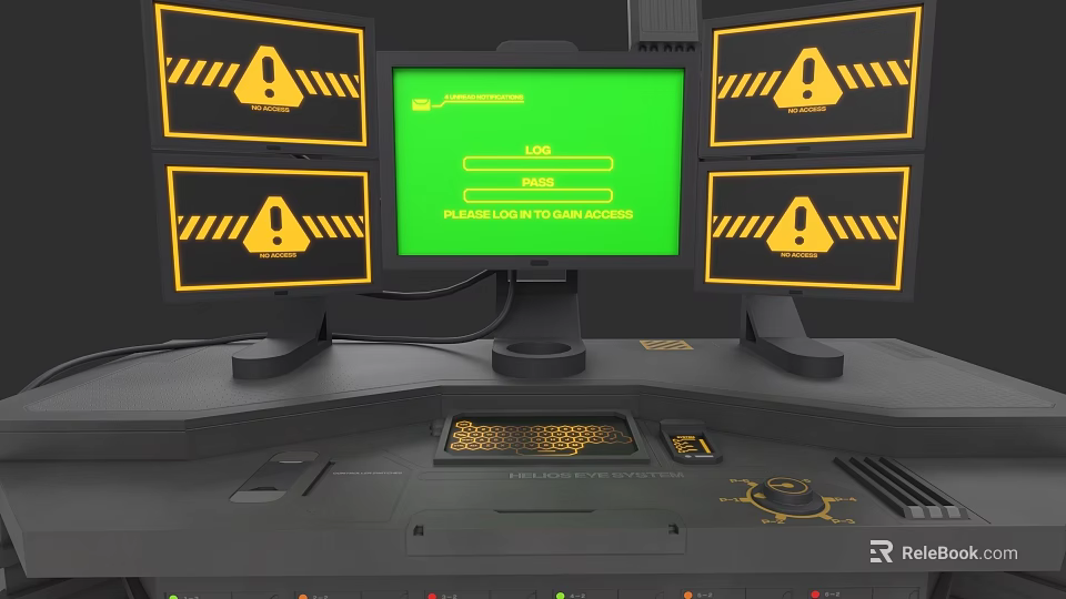Advanced Weapon Control Console Featuring Multiple Green Screens Warning Signs And Load Access Buttons 3d model 