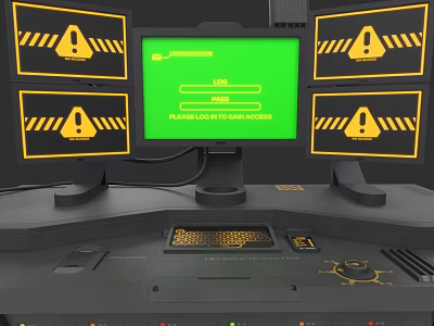 Advanced Weapon Control Console Featuring Multiple Green Screens Warning Signs And Load Access Buttons 3d model