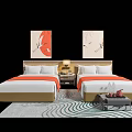 Modern Bedroom Interior With Two Single Beds Bedside Lamps And Artworks 3d model