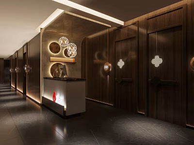 Modern Corridor Interior With Wooden Doors Circular Decorative Lights And Reception Counter 3d model
