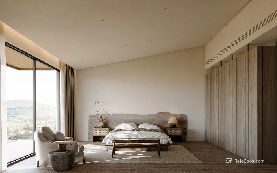 Minimalist Bedroom Interior Design With Wooden Headboard Bed And Large Window Curtains And Wooden Flooring 3d model 