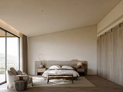 Minimalist Bedroom Interior Design With Wooden Headboard Bed And Large Window Curtains And Wooden Flooring 3d model