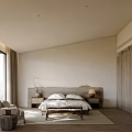 Minimalist Bedroom Interior Design With Wooden Headboard Bed And Large Window Curtains And Wooden Flooring