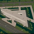 Modern Cultural Center Building With Flat Roof Open Plaza Greenery And Night Lighting