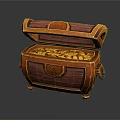 Open Wooden Storage Chest Filled With Gold Coins Red Orange Decorative Patterns And Metal Clasps