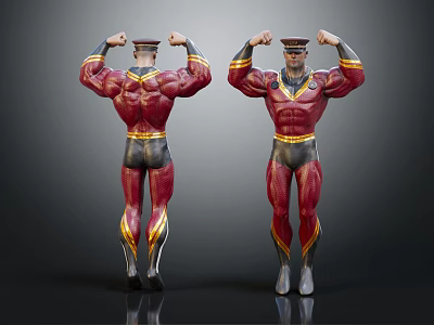 Two Muscular Characters in Red Black Yellow Costumes Flexing Muscles Front Back Views 3d model