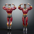 Two Muscular Characters in Red Black Yellow Costumes Flexing Muscles Front Back Views