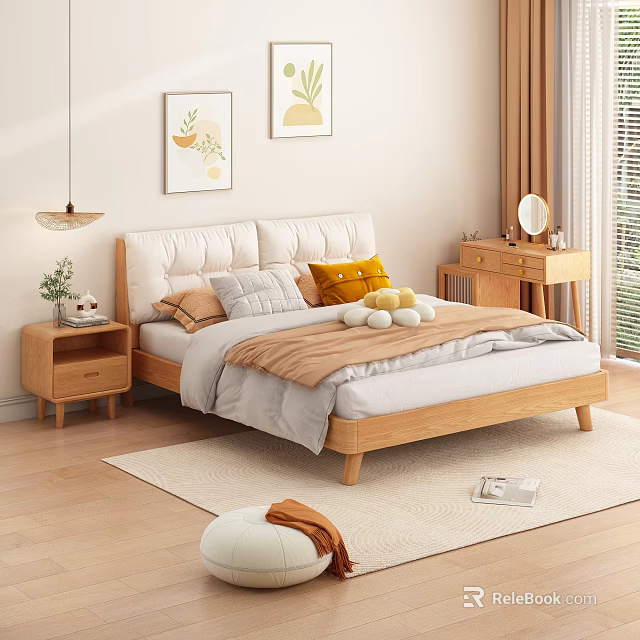 Modern Minimalist Double Bed With Upholstered Headboard Wooden Frame Pillows And Bedside Tables 3d model 
