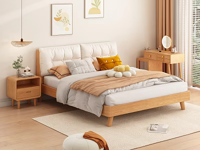 Modern Minimalist Double Bed With Upholstered Headboard Wooden Frame Pillows And Bedside Tables 3d model