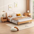 Modern Minimalist Double Bed With Upholstered Headboard Wooden Frame Pillows And Bedside Tables