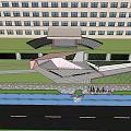 Scenic Plaza Landscape With Cherry Blossom Trees Transparent Structure And Pedestrians On Walkway