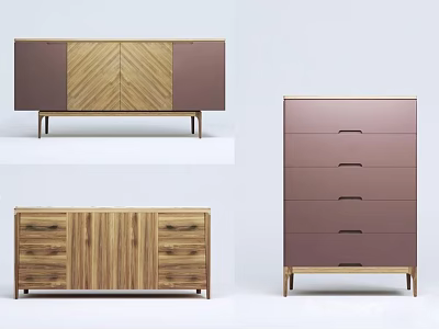 Wooden Console Cabinet And Sideboard With Purple Panels Multiple Drawers Herringbone Detail And Slim Legs 3d model