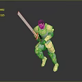Man in Gold and Silver Armor Wielding Long Sword in Battle Stance with Reflective Surface