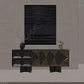 Modern Entryway Console Table With Geometric Wood Design And Decorative Vase Sculptures