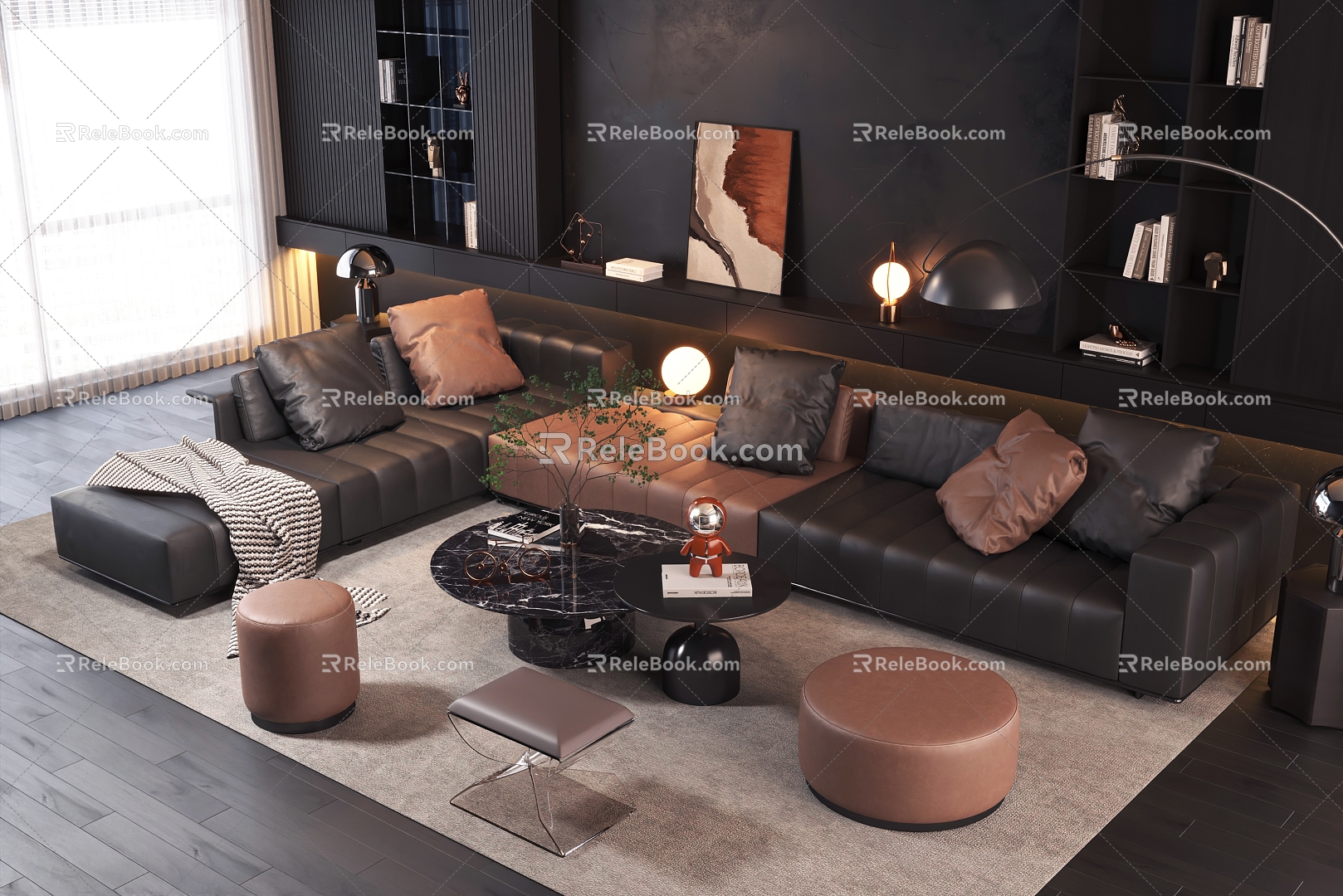 Italian-style Home Living Room Sofa Coffee Table Italian-style Light Luxury Dreamy Curtain Decorative Cabinet Leather 3d model