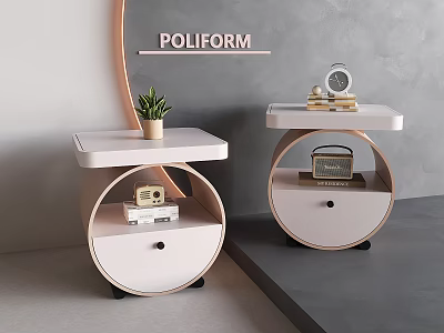 Modern Minimalist Circular Bedside Tables With Drawer Top Small Potted Plant Books Alarm Clock Radio 3d model