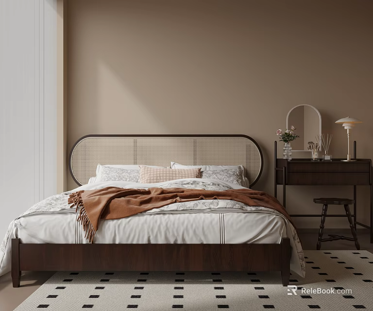 Cozy Modern Bedroom Interior With Wooden Headboard Bed Plaid Pillows Brown Blanket And Checkered Rug 3d model 