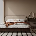 Cozy Modern Bedroom Interior With Wooden Headboard Bed Plaid Pillows Brown Blanket And Checkered Rug