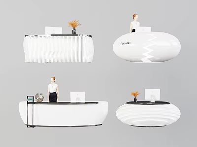 Modern Reception Desk With Curved Design Desktop Computer Decorative Vase And Receptionist 3d model