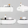 Modern Reception Desk With Curved Design Desktop Computer Decorative Vase And Receptionist